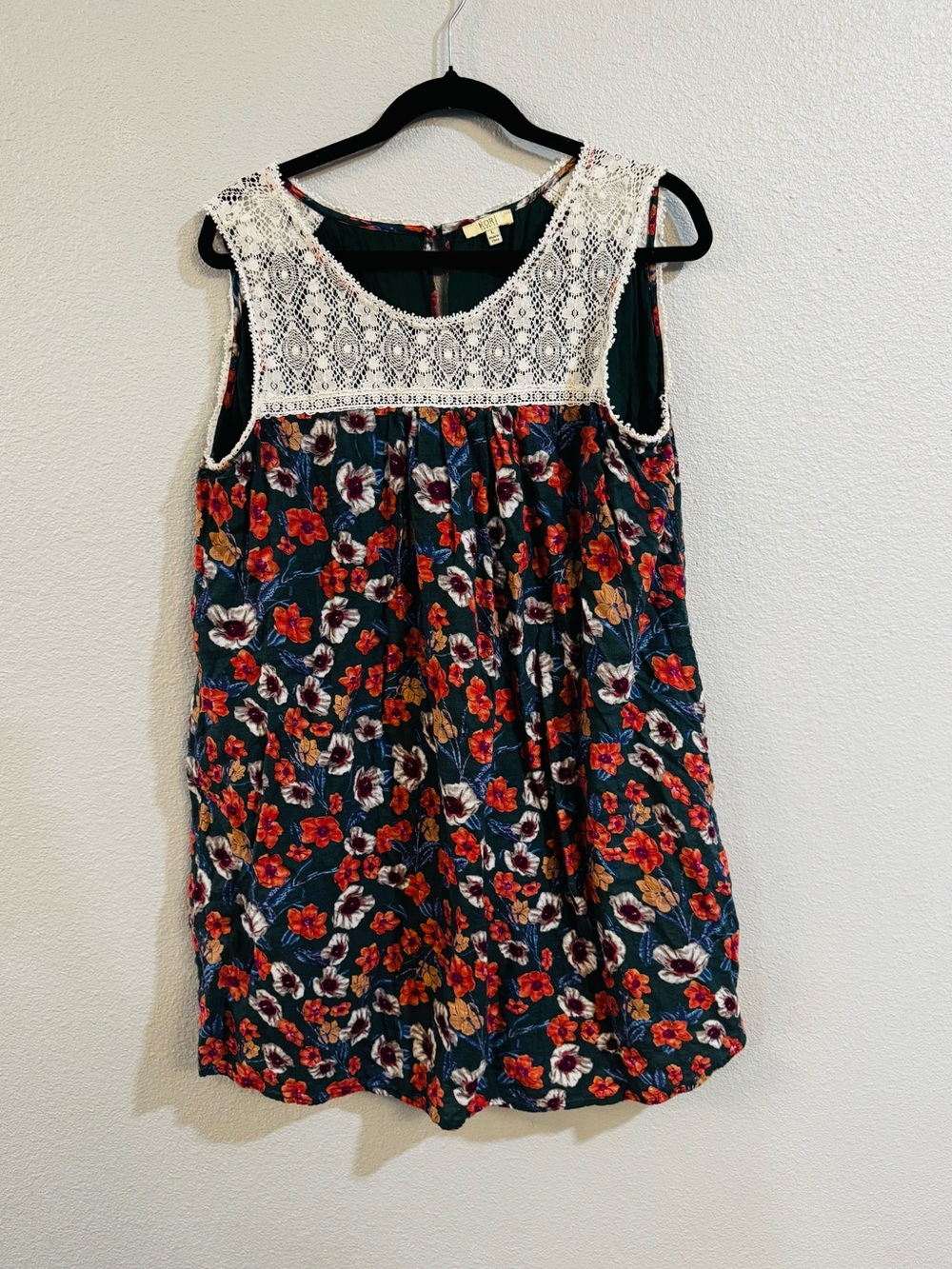 Kori Green Floral Tank Top with White Lace Yoke